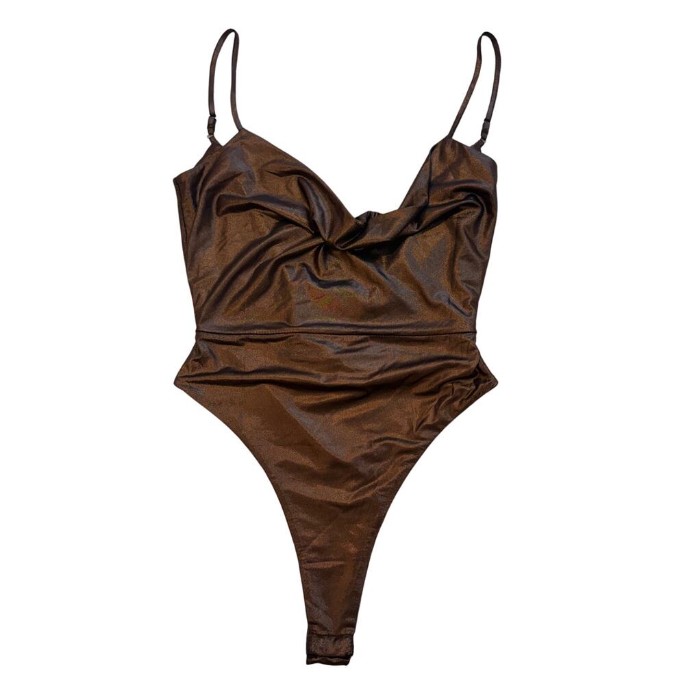 Meshki Copper Sheen Cowl Neck & Back Thong Bodysuit Size S